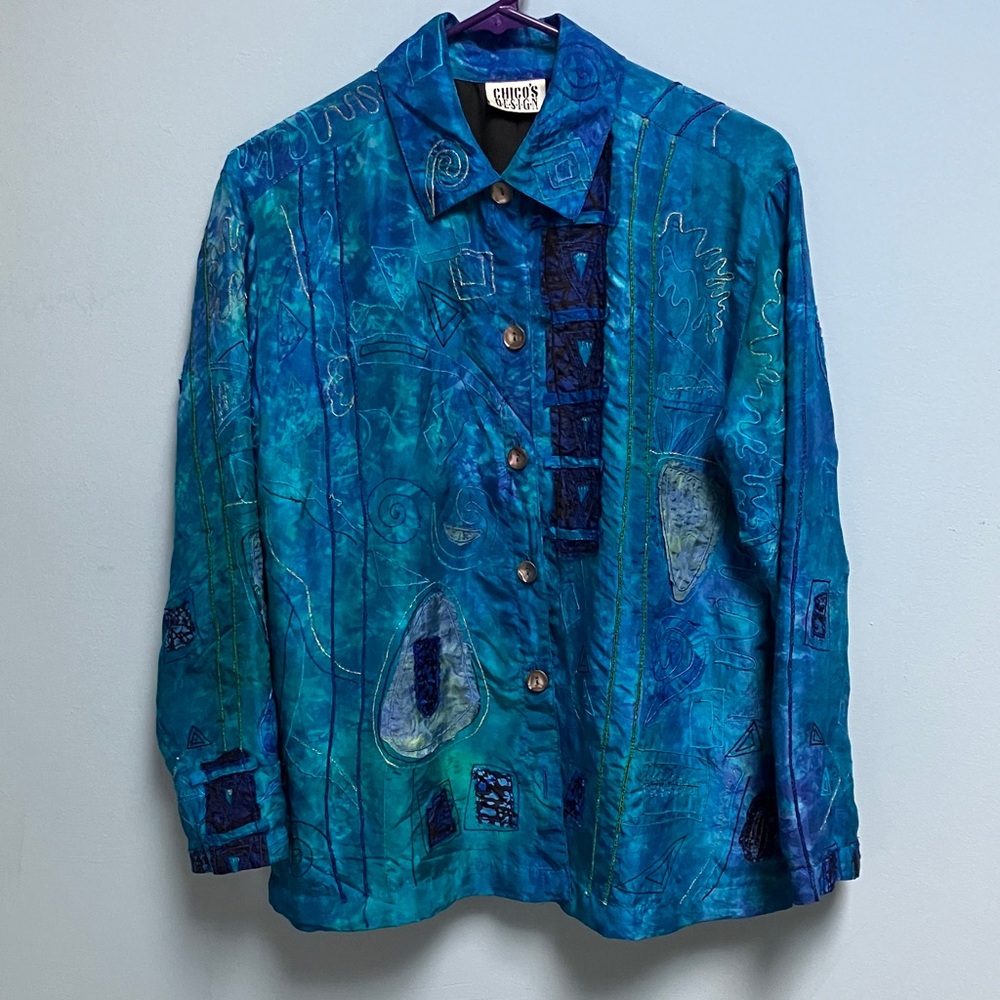 Chico's Design Sz 1 (Medium) Blue Silk Jacket Blouse Patchwork Art To Wear